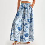 Naiste k&otilde;rge v&ouml;&ouml;kohaga laia s&auml;&auml;rega p&uuml;ksid vabaaja &otilde;hukesed Palazzo p&uuml;ksid lillemustriga p&uuml;ksid taskuga L sinine