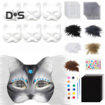 6-osaline kassimaski komplekt, isetehtud k&auml;sitsi maalitud t&uuml;hi kassimask karusnahast silmadega vildist lehega, karvaste loomade Therian maskeraadi aksessuaar karnevali cosplay jaoks hall