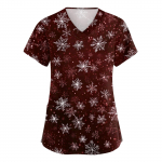 Women's V-neck Christmas printed short-sleeved pocket side-slit protective suit top XXXL