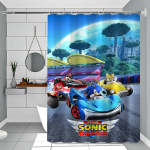 S-Sonic Racing Crossworlds M&auml;ng Du&scaron;ikardin Vannikardin Tr&uuml;kitud Kangas Veekindel Vannitoakardinad Konksud Vanniekraan 90x180 cm blue