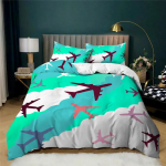 Tr&uuml;kitud Sinine Valge Lennuk Tekikate Komplekt Poistele Meestele Teismelistele Lastele Mikrokiud Tekikate Padjap&uuml;&uuml;ri ja Lennukiga Voodikate Komplekt EU Single(135*200cm)3pcs