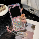 Telefoni&uuml;mbris Samsung Galaxy Z Flip 7 6 5 4 3 5G Flip7 FE jaoks Luksuslik Kristallist Liblikas Lillega Teemantkivi P&auml;rl K&auml;epaelaga Kate Galaxy Z Flip4 roosa