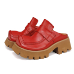 Johnature Retro Ehtne Nahk Ruudukujuline Nina Paks Tald V&auml;litingimustes Sandaalid Paks Konts Naiste Slip-on Kingad 38 punane