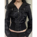 Ameerika Vintage PU Nahkjakk Naistele Streetwear Harajuku Grunge Emo Alternatiivne Grunge T&otilde;mblukuga Vabaaja Joped Naistele L must