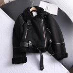 Talvine naiste paks soe seemisnahast jope L&uuml;hike mootorrattapruun mantlid Faux Shearling lambanahast nahkjakid v&auml;lisr&otilde;ivad S must