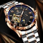 Glenaw Classic Terasest K&auml;ev&otilde;ru Automaatne Mehaaniline Kell 9 Kell Tourbillon 24-tunnine Kuufaasi N&auml;idik Kulla Sulam Roostevaba Teras 9 clock tourbillon kuld