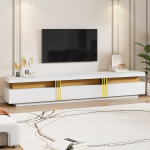 Kaasaegne madal TV-kapp marmoriimitatsiooniga, TV-alus, TV-kapp, 200 x 40 x 42 cm &ndash; Teleritele kuni 90 tolli, Kolme sahtli ja 1 kaablikanaliga 200 x 40 x 42 cm valge