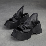 Johnature naiste platvormsussid ehtsast nahast paksu talla kiilud, slaidid, retromoodsed jalan&otilde;ud 36 must