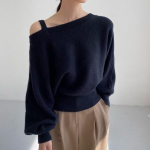 Korea stiilis &scaron;ikk &otilde;lapaelaga sviiter s&uuml;gis/talvine Batwing pikkade varrukatega topid kudum Vintage kaldkaelusega kampsun 28930 One Size tumesinine