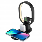 4-&uuml;hes traadita laadimisjaam iPhone13 12 Pro Max iWatch 7 6 5 Airpods Pro 15W juhtmevaba laadija aluse dokk koos voodilambiga must