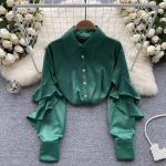 Korea moodne volangidega pikkade varrukatega pluus Naiste vintage elegantne satiins&auml;rk Naiste soliidne vabaaja pluuside disainiga topid 29538 S roheline