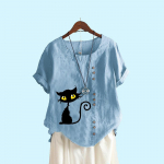 Naiste mood Multikas kassimustriline l&uuml;hikeste varrukatega T-s&auml;rk suvine vabaaja kaelaga pullover Lahtised puuvillased linased pluusid S valge