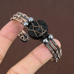 Natural Black Tourmaline Gemstone Copper Wire Wrap Cuff Bangle Adjustable j7j75