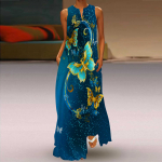 Naiste A-kujuline kleit Maxi pikkade varrukateta sinine p&auml;rlmutrist liblikas printiga s&uuml;gisene ja talvine V-kaelus retro stiilis elegantne XS helesinine v&auml;rv