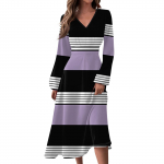 Naiste s&uuml;gis- ja talvine vabaajamoe V-kaelusega pikkade varrukatega triibuline printiga pikk kleit L must