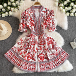 Suvine naiste disainer vintage tr&uuml;kiga catwalki kleit elegantse V-kaelusega &uuml;herealise n&ouml;&ouml;pidega peokleidid M punane