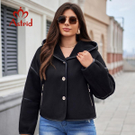 Astrid Naiste s&uuml;gisjakk Kahe n&auml;oga karusnahast splice disain kapuutsiga soojad mantlid Lady Demi-Season Parkas Suures suuruses v&auml;lir&otilde;ivad AN-30200 1XL must