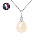 PERLINEA - Pendentif - V&eacute;ritable Perle de Culture d'Eau Douce Poire 7-8 mm Rose - Or Blanc - Cha&icirc;ne Offerte - Bijoux Femme