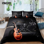 3D kivimuusika teemaline kitarr V&auml;rviline tekikott Tule ja vee voodipesukomplekt Moodne uhke mikrokiudpol&uuml;ester poisslaste kingitusteks EU single(135x200cm) black