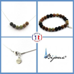 Pierres et Min&eacute;raux. Parure Bracelet Collier Perles Unakite + Lave + bois 8 mm. Chaine en Taille personnalisable.
