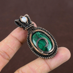 Malachite, Moonstone Handmade Copper Wire Wrap Pendant 2.36 v5g67