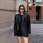 Pruun Pehme PU Kunstnahast Bleiserjakk Mootorratta Pikkade Varrukatega &Uuml;he N&ouml;&ouml;biga Vabaaja Mantlid Topid S&uuml;gis High Streetwear XL must