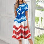 Naiste vaba vabaaja ja moodne &uuml;mara kaelusega l&uuml;hikeste varrukatega, tr&uuml;kitud keskmise pikkusega kleit L