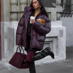 Talvine soe bordoopunane paksenenud puuvillane jope naistele Elegantne p&uuml;stkrae pitsist tasku lukuga mantel Moodne daam High Streetwear S tumepunast v&auml;rvi