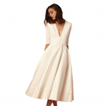 Naiste midikleit s&uuml;gava V-kaelusega A-joonega lendlev &auml;&auml;ris, &uuml;hev&auml;rviline, poolvarrukatega, puhast v&auml;rvi tutvumiskleit balli-peokleit, banketi-&otilde;htukleit L