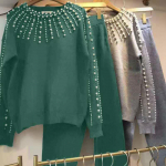 S&uuml;gistalvised kampsunid P&uuml;ksid &Uuml;likonnad Beading Teemantkootud Pullover Topid + P&uuml;ksid 2-osalised Komplektid Spordidressid Naiste riided One Size roheline