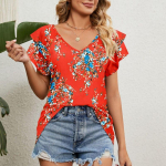 Vintage lillemustriga vabaaja topid, moodsed V-kaelusega kahekihilised liblikaga varrukad Naiste pluusid 2023 suves&auml;rk 24741 S orion i v&auml;rv