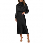 Naiste kleit Poolk&otilde;rge kraega, satiinist pikkade varrukatega, &uuml;hev&auml;rviline &otilde;&otilde;nsate varrukatega latern, liibuv v&ouml;&ouml;koht &otilde;htukleit pulmakokteilipeo midikleit M must