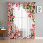 Roosa roosi lillebukett L&auml;bipaistvad kardinad elutuppa T&uuml;llkardin Magamistoa K&ouml;&ouml;giaknale Voile kardinad 135W x 114H(cm)