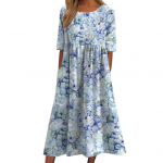 Naiste kleit &Uuml;mmargune l&uuml;hikeste varrukatega &auml;&auml;ris A-joon avara kaelusega lillelised k&uuml;ljetaskud, s&auml;&auml;re keskosa pikkus L sinine