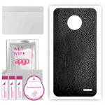apgo Protective Skin Sticker for the back compatible with Motorola Moto E4, Wrap Film, Foil, Vinyl - Pattern Black Leather