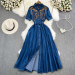 Sweet Style Tikand Rev&auml;&auml;r Denim L&uuml;hikeste varrukatega Kontrastv&auml;rvi K&otilde;rge V&ouml;&ouml;kohaga Naiste Kleit 2023 Suvine Uued kleidid 27SN2486 M sinine