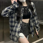 Naiste ruuduline s&auml;rk Korea vabaaja Harajuku Y2K All Match lahtine pluus, suvine mood kuum magus pikkade varrukatega naiste topp S tumesinine v&auml;rv