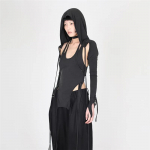 Sweet Fairy Grunge pikkade varrukatega kapuutsiga Crop top Y2k t&auml;navar&otilde;ivaste rihmaga as&uuml;mmeetriline trendikas seksikas naiste T-s&auml;rk S must