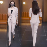 S&uuml;gisene korea stiilis Slim Fit jope bleiser vabaaja pliiatsp&uuml;ksid kaheosaline elegantne naiste p&uuml;ksikomplekt, kontoririietus plusssuuruses XXXL must