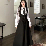 S&uuml;gisene Preppy Style 3-osaline kleidikomplekt Naiste vabaaja lihtne s&auml;rk + lips + elegantne varrukateta rihmakleit Korea moodne &uuml;likond XXL must