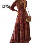 Naiste maksikleit Vintage printimine S&uuml;gava V-kaelusega k&otilde;rge v&ouml;&ouml;kohaga, kolm neljandikku varrukatega, lapiline avar &auml;&auml;r Boheemlas stiilis pehme p&otilde;randapikkusega kleit 3XL sinine