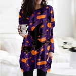 Naiste mood vabaaja pikkade varrukatega Halloweeni printimisega &uuml;mara kaelusega topelttaskuga T-s&auml;rk S