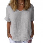 Naiste moodne V-kraega l&uuml;hikeste varrukatega T-s&auml;rk vabaaja puuvillane linane &otilde;huke naiste pullover &Uuml;hev&auml;rviline T-s&auml;rk S valge