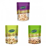 Happilo 100% looduslikud Premium terved india p&auml;hklid, 200g & Premium California r&ouml;stitud ja soolatud pistaatsiap&auml;hklid, 200g & California mandlid, 200g