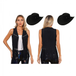 Naiste l&auml;&auml;ne kauboi kost&uuml;&uuml;m kunstnahast vestiga vest narmastega kauboi m&uuml;tsiga retro hipi cosplay teema peokost&uuml;&uuml;m M must