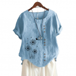 Naiste mood puuvillane linane pluus Suvine ja s&uuml;gisene &uuml;mara kaelusega l&uuml;hikeste varrukatega topp Laides Casua lillemustriga lahtine T-s&auml;rk S pruun