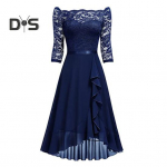 Seksikas &otilde;htukleit avatud &otilde;lgadega, taljet r&otilde;hutav midi-kleit, pitsist vaheosadega, poolpikkade varrukatega, ebakorrap&auml;rase volangiga &auml;&auml;rega &scaron;ifoonkleit S tumesinine v&auml;rv