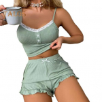 Naiste Seksikas Kaheosaline Pidžaamakomplekt Soonikkoes Pitsiga &Auml;&auml;ristus N&ouml;&ouml;pkinnisega Cami Top Volangiga &Auml;&auml;risega P&uuml;ksid &Ouml;&ouml;riiete Komplekt Suvine Vabaaja Koduriietus S