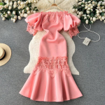 Elegantne seksikas k&otilde;rge v&ouml;&ouml;kohaga pitsist volangidega kaelus, puhv varrukatega kleit puhkusele Vestidos &otilde;huke naiste pidulik trompetkleit S