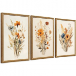 Raamitud vintage metsikute lillede l&otilde;uendseinakunst Lilleline 3-osaline komplekt Maakodu talumaja akvarelllillede tr&uuml;kised Rustikaalne puitraam Botaaniline kunstiteos Plakat jaoks 16L" x 12W"